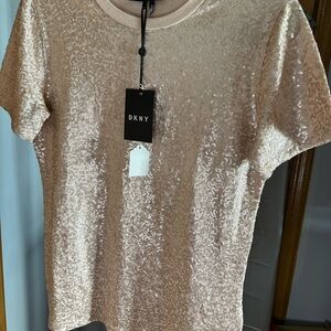DKNY Women's Short Sleeve Sequin Tee - Tan